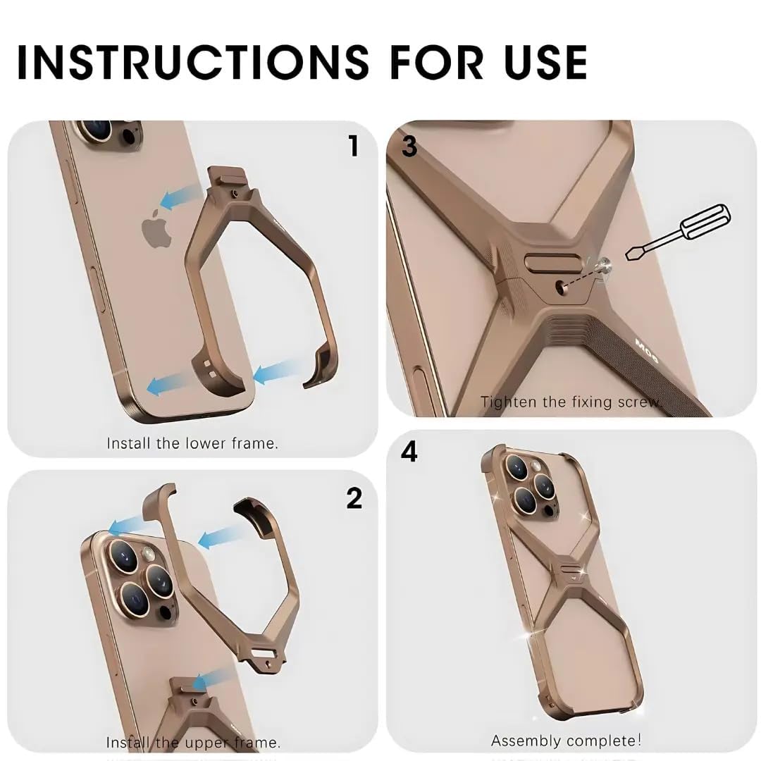 Caseex Metal X-Frame Protective Case for iPhone, Aluminum Alloy Bumper Cover, Anti-Fall Bare Phone Case