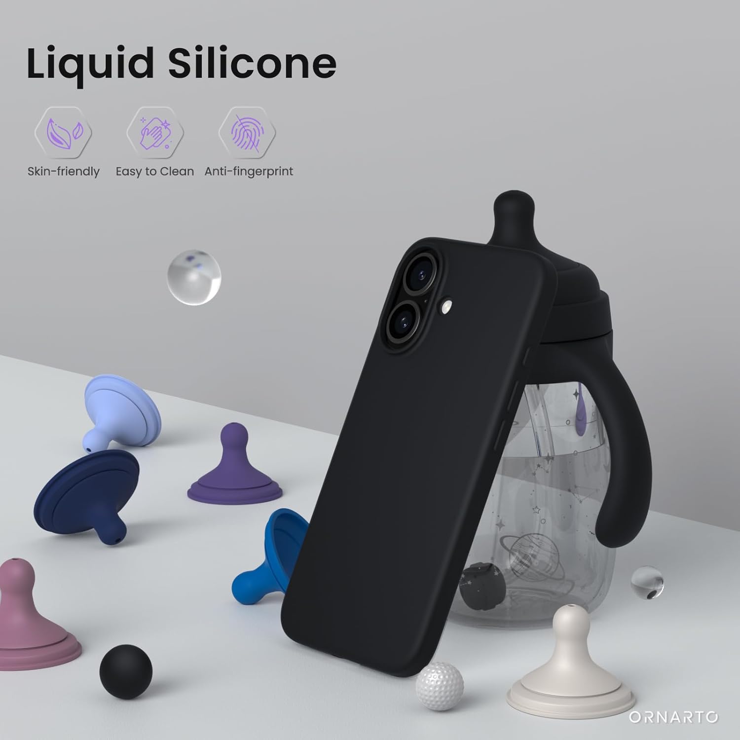 Black liquid silicone phone case with suction cups on a white surface, featuring Caseex branding.