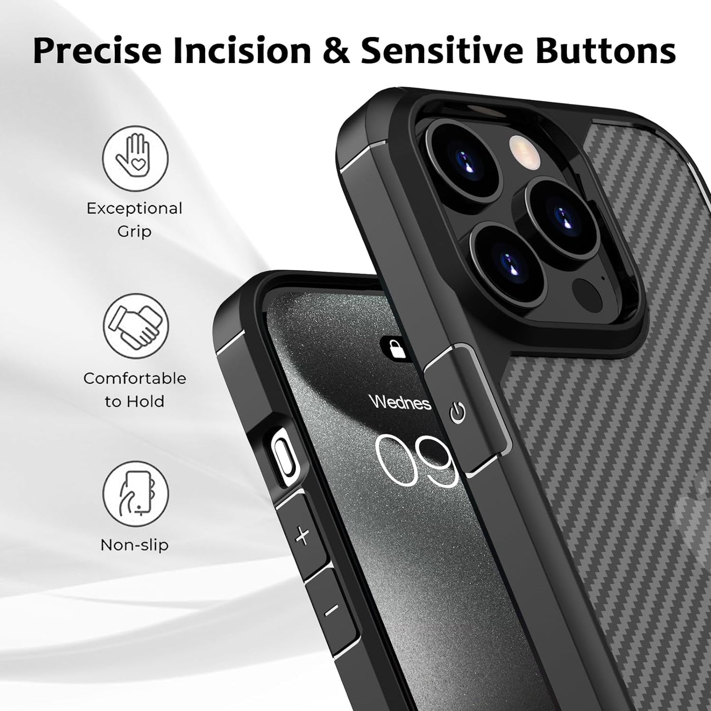 CASEEX Back Cover Compatible with iPhone 15 Pro Case, Carbon Fiber Series [Military Grade Drop Tested], Anti Fingerprints & Scratch, Translucent Slim Fit Shockproof Phone Case