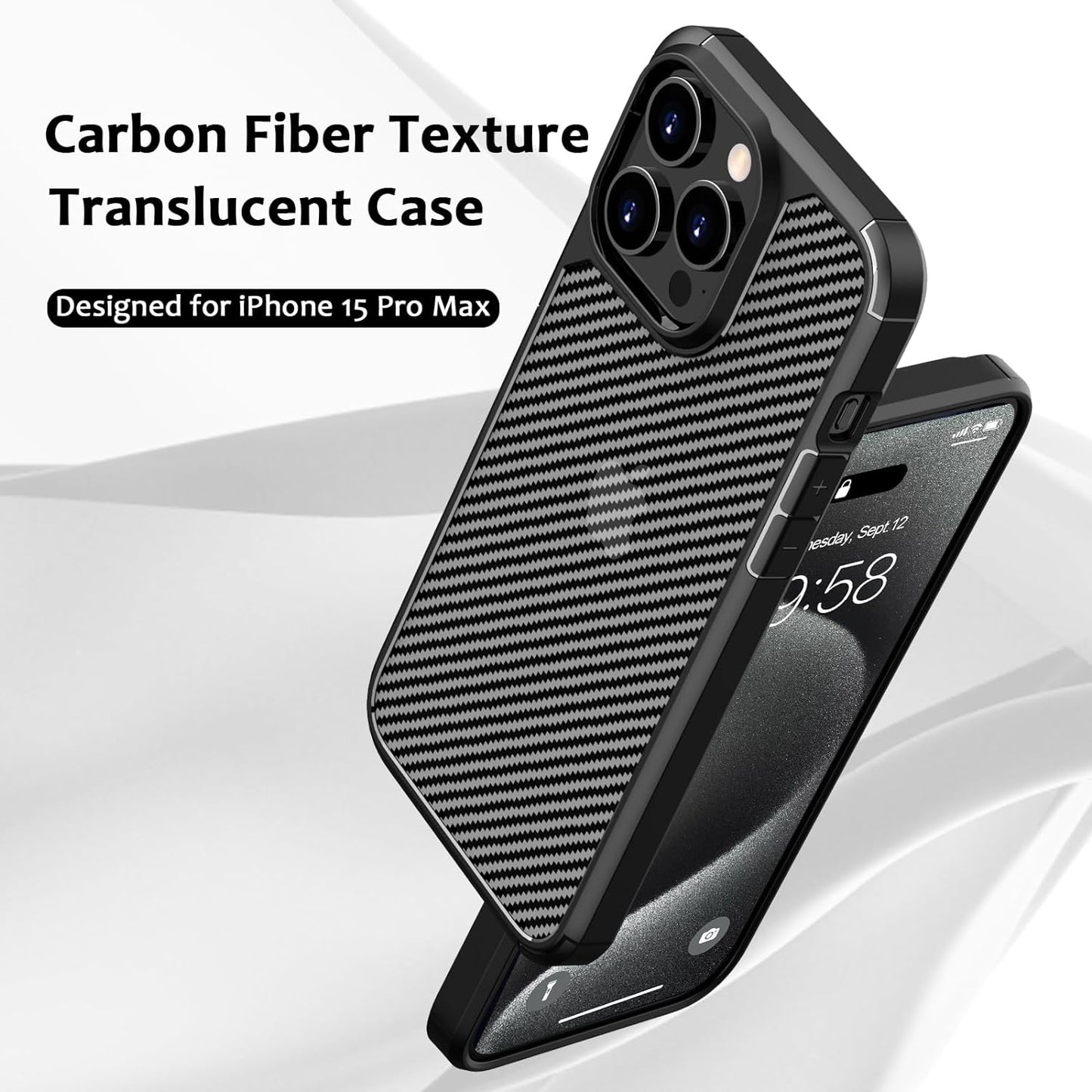 CASEEX Back Cover Compatible with iPhone 15 Pro Max Case, Carbon Fiber Series [Military Grade Drop Tested], Anti Fingerprints & Scratch, Translucent Slim Fit Shockproof Phone Case