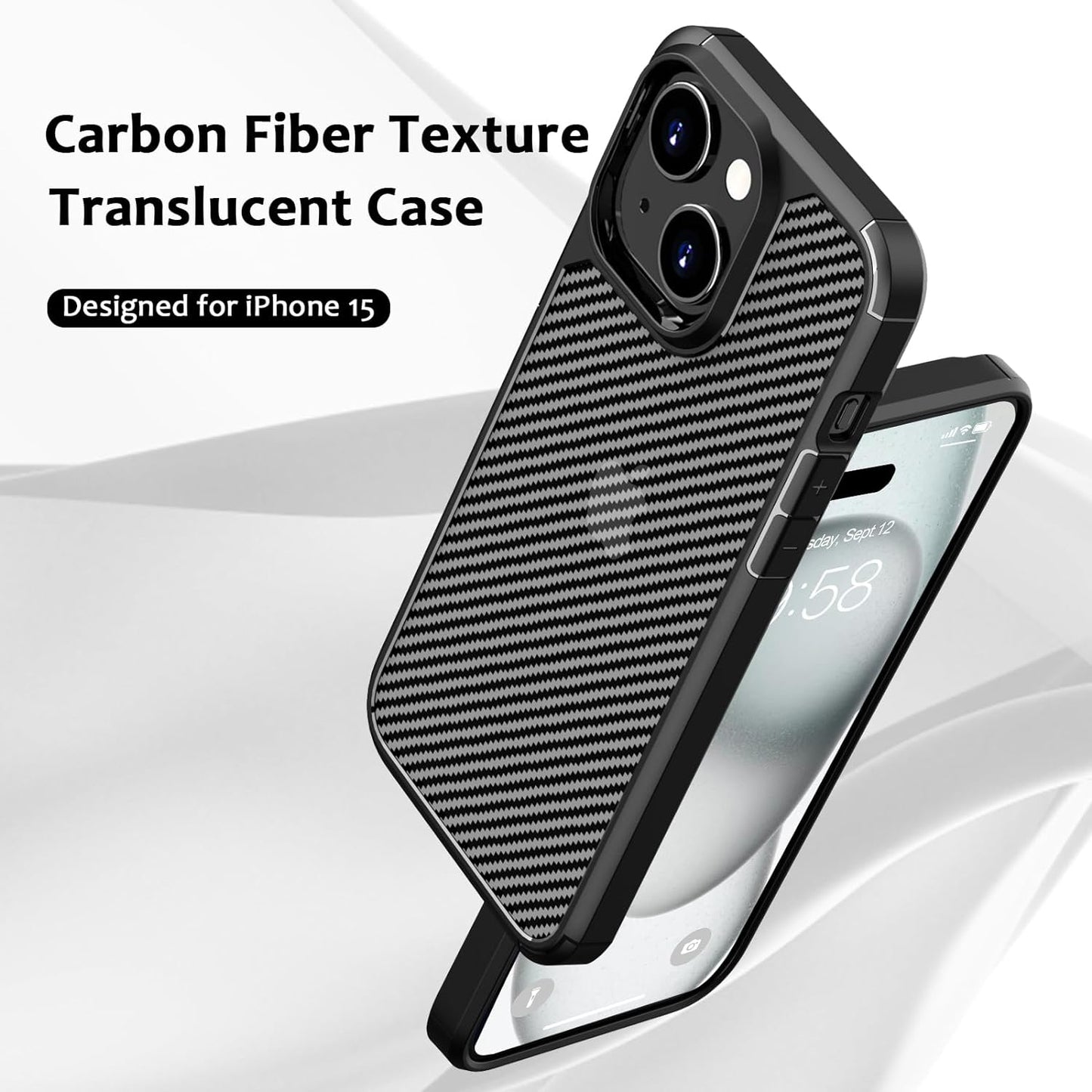 CASEEX Back Cover Compatible with iPhone 15 Back Case, Carbon Fiber Series [Military Grade Drop Tested], Anti Fingerprints & Scratch, Translucent Slim Fit Shockproof Phone Case