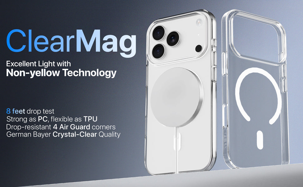 ClearMag phone case with text highlighting features on a gradient background